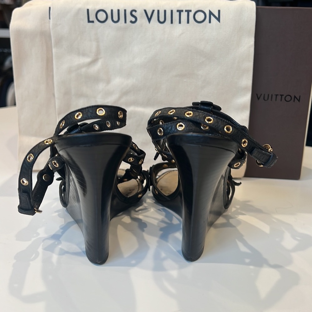 Louis Vuitton Black/Gold Wedge Sandals - Picture 6 of 15